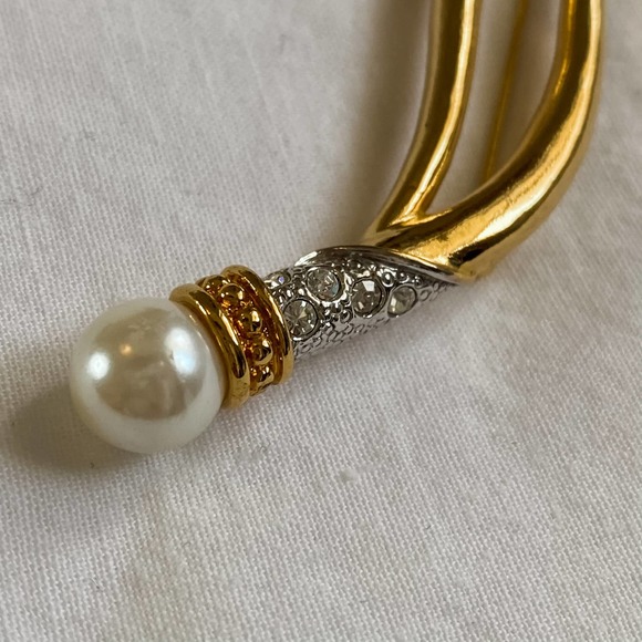 VTG Gold Pearl CZ Diamond Wavy Brooch Pin - Picture 2 of 8